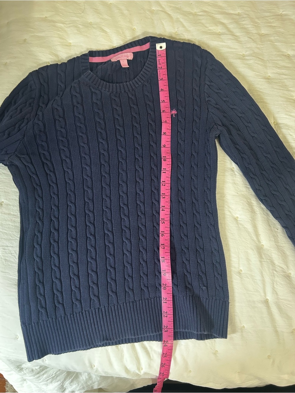Lilly Pulitzer Navy Cable-Knit Crewneck Sweater with Pink Trim - Picture 4 of 6